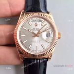 Swiss Copy Rolex Rose Gold Day Date Watch Silver Dial Black Leather Replica